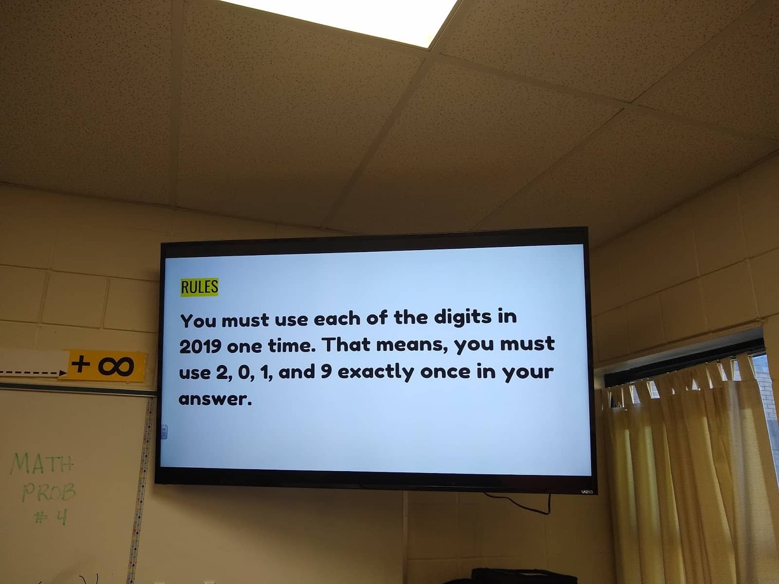 2019 Challenge Rules on Tv Screen in math classroom. 