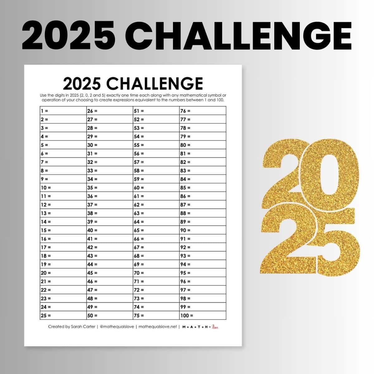 2025 Yearly Number Challenge Printable PDF Activity for New Years.