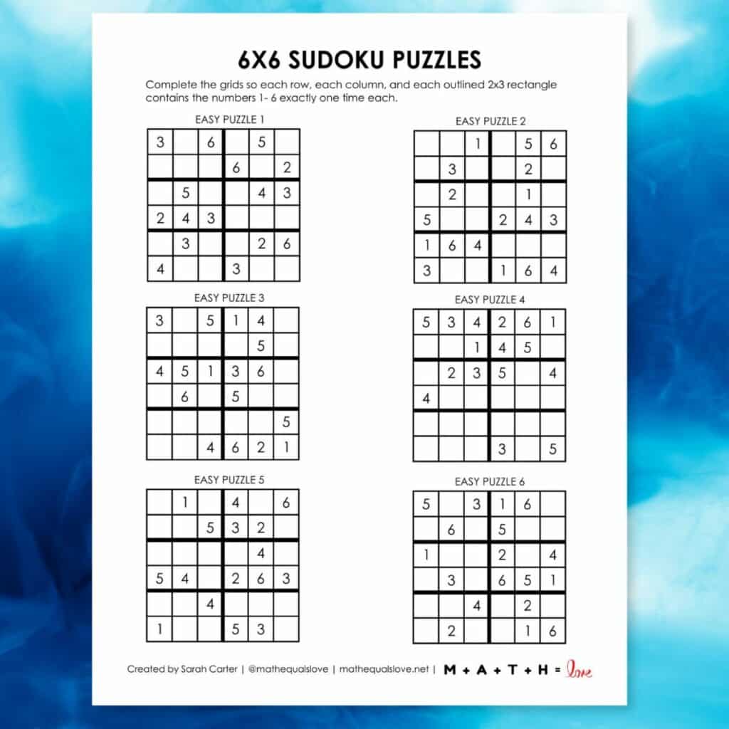6x6 sudoku free printable puzzles for beginners.