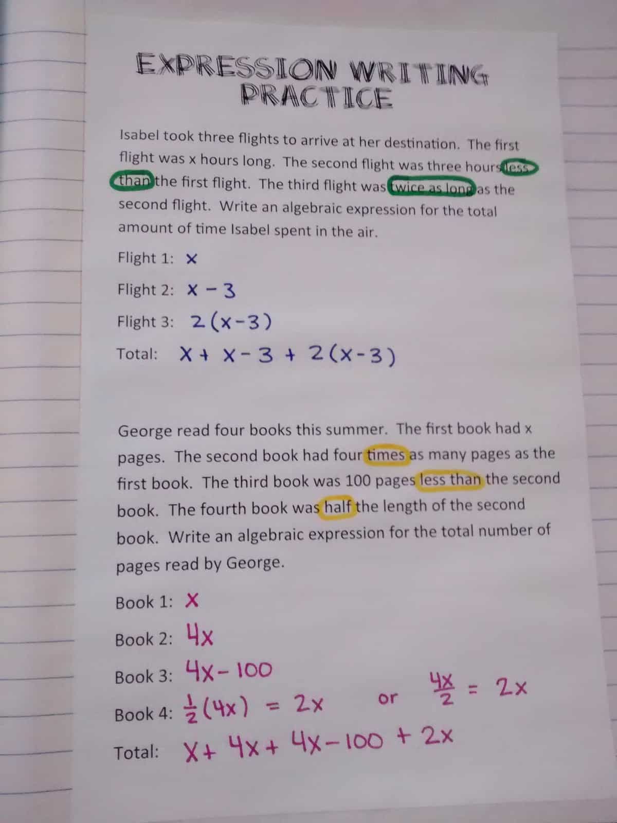 Algebraic Expression Writing Practice