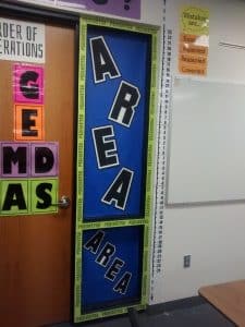 area vs perimeter wall display in high school math classroom.