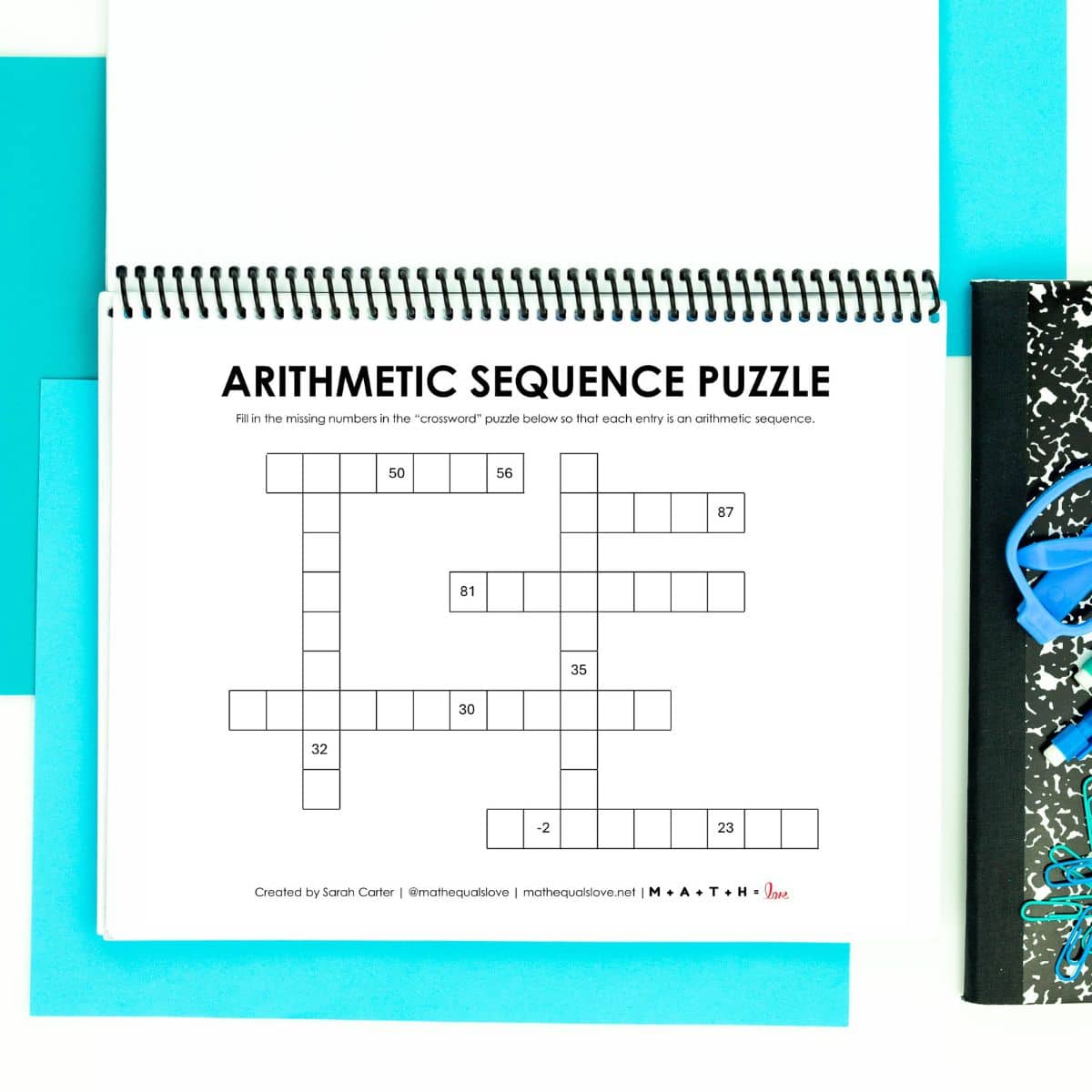 arithmetic sequence puzzle worksheet in notebook.