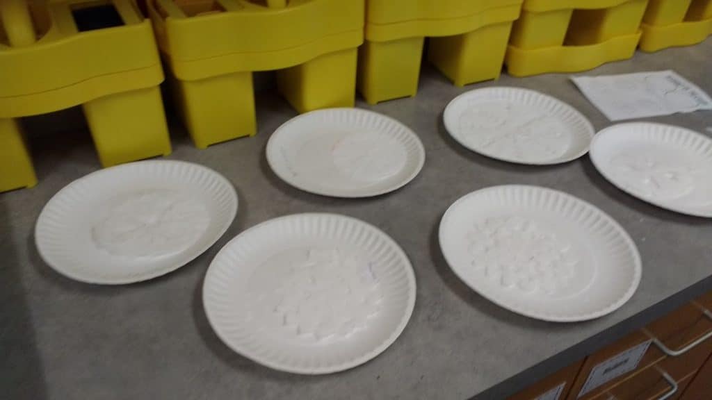 Snowflake Ornaments Drying on Paper Plates 