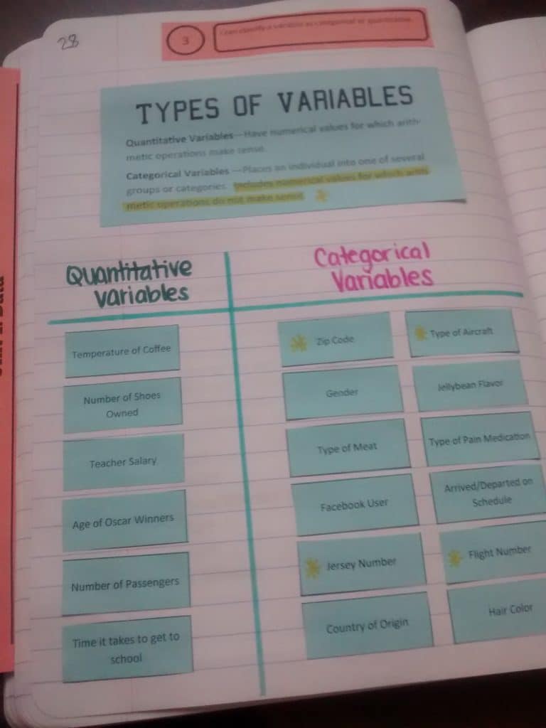 categorical vs quantitative variables card sort. 
