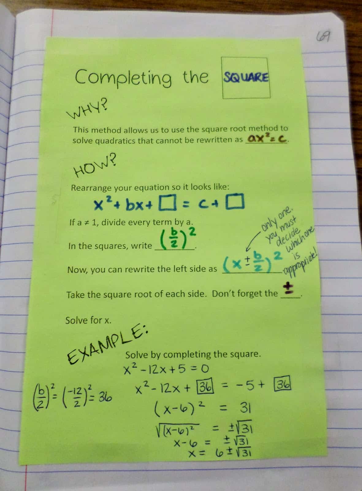 completing the square notes.