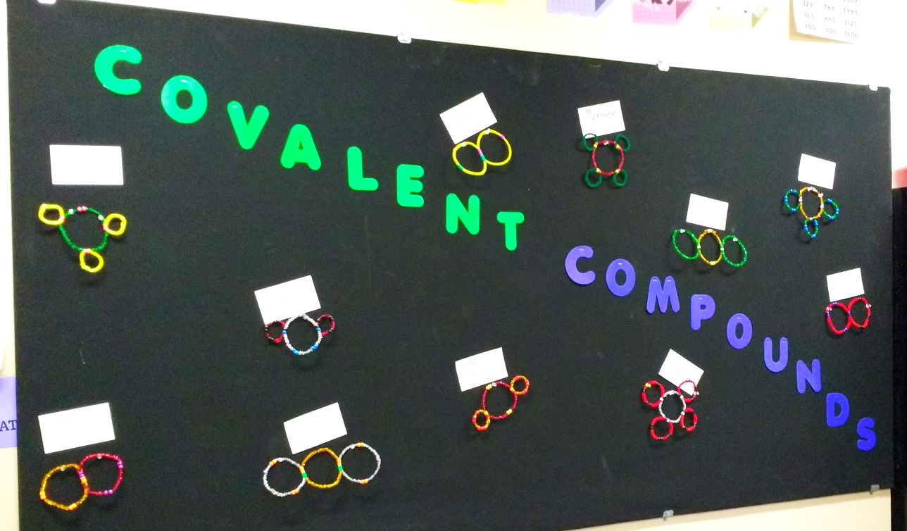 covalent compounds bulletin board with pipe cleaner models.