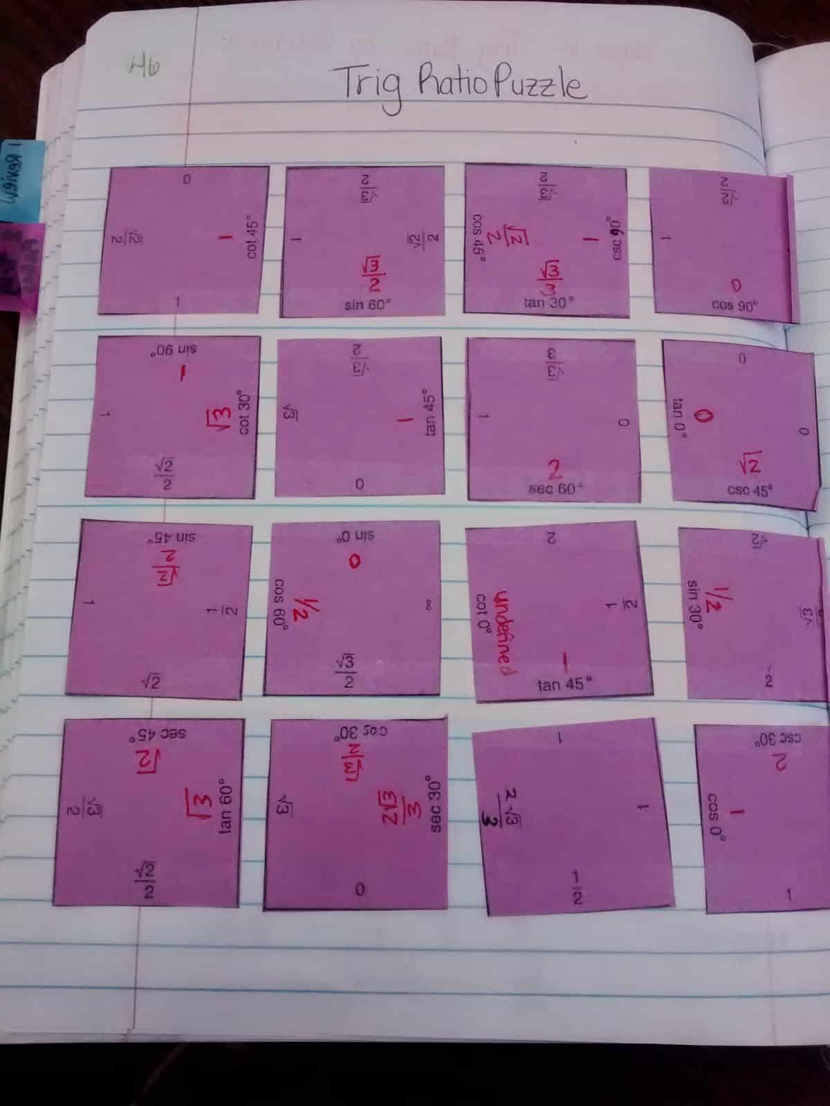evaluating trig functions square puzzle activity. 