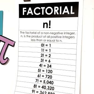 factorials poster hang on dry erase board in math classroom 