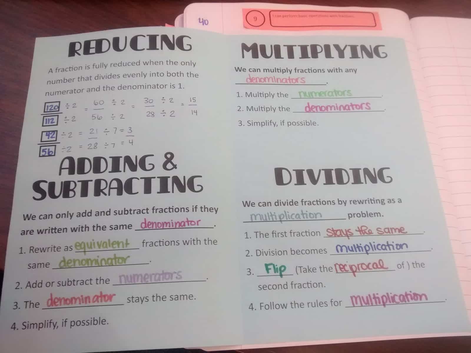 inside of fraction review foldable in interactive notebook. 