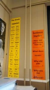 greek alphabet poster in high school math classroom.