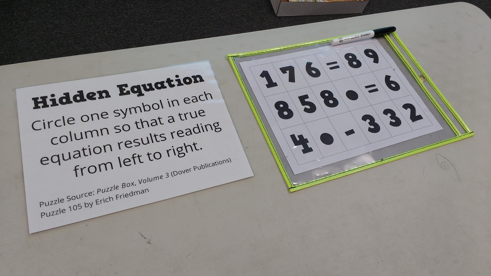 Hidden Equation Puzzle in Dry Erase Pocket.