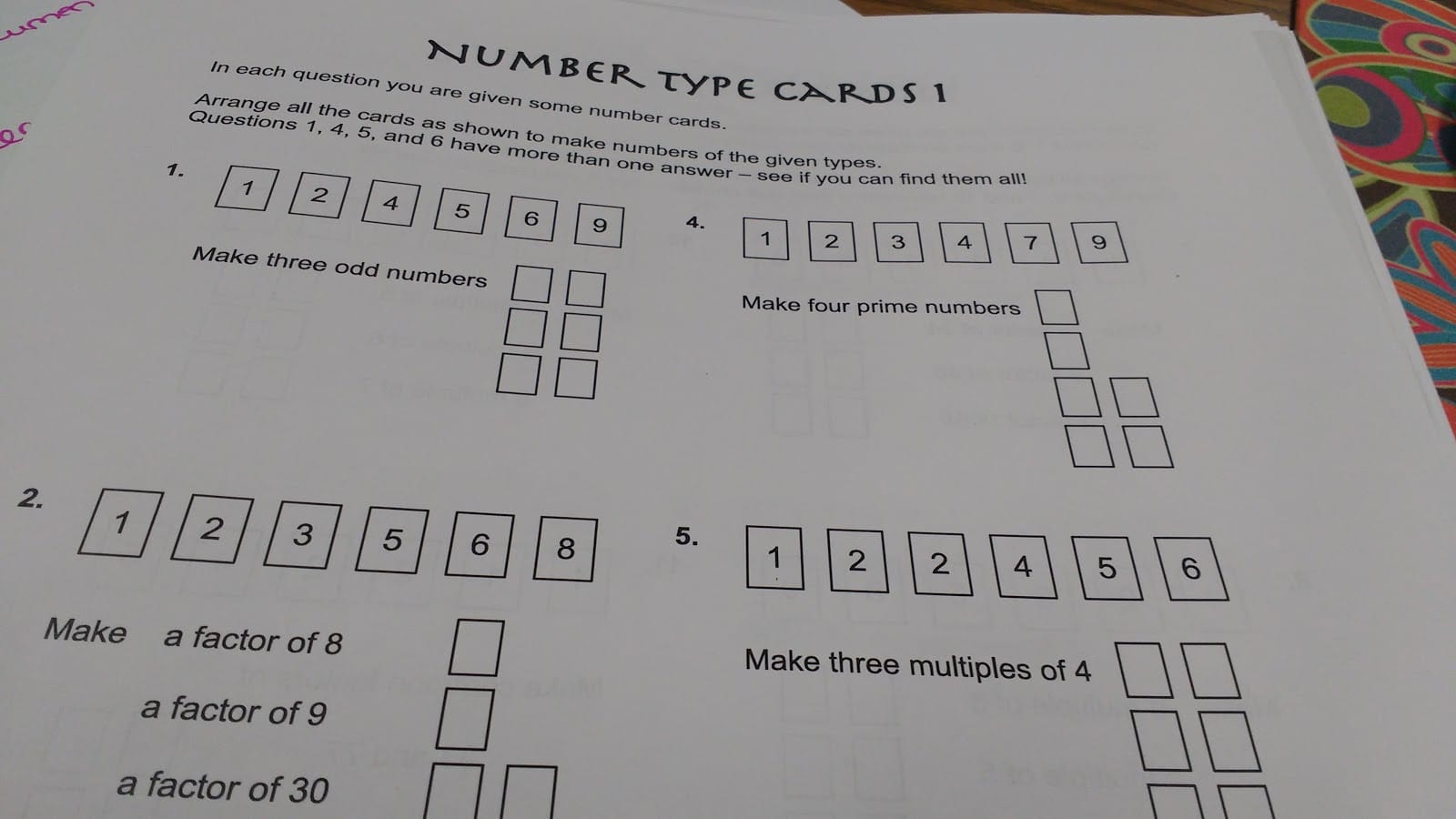 number type cards worksheet. 