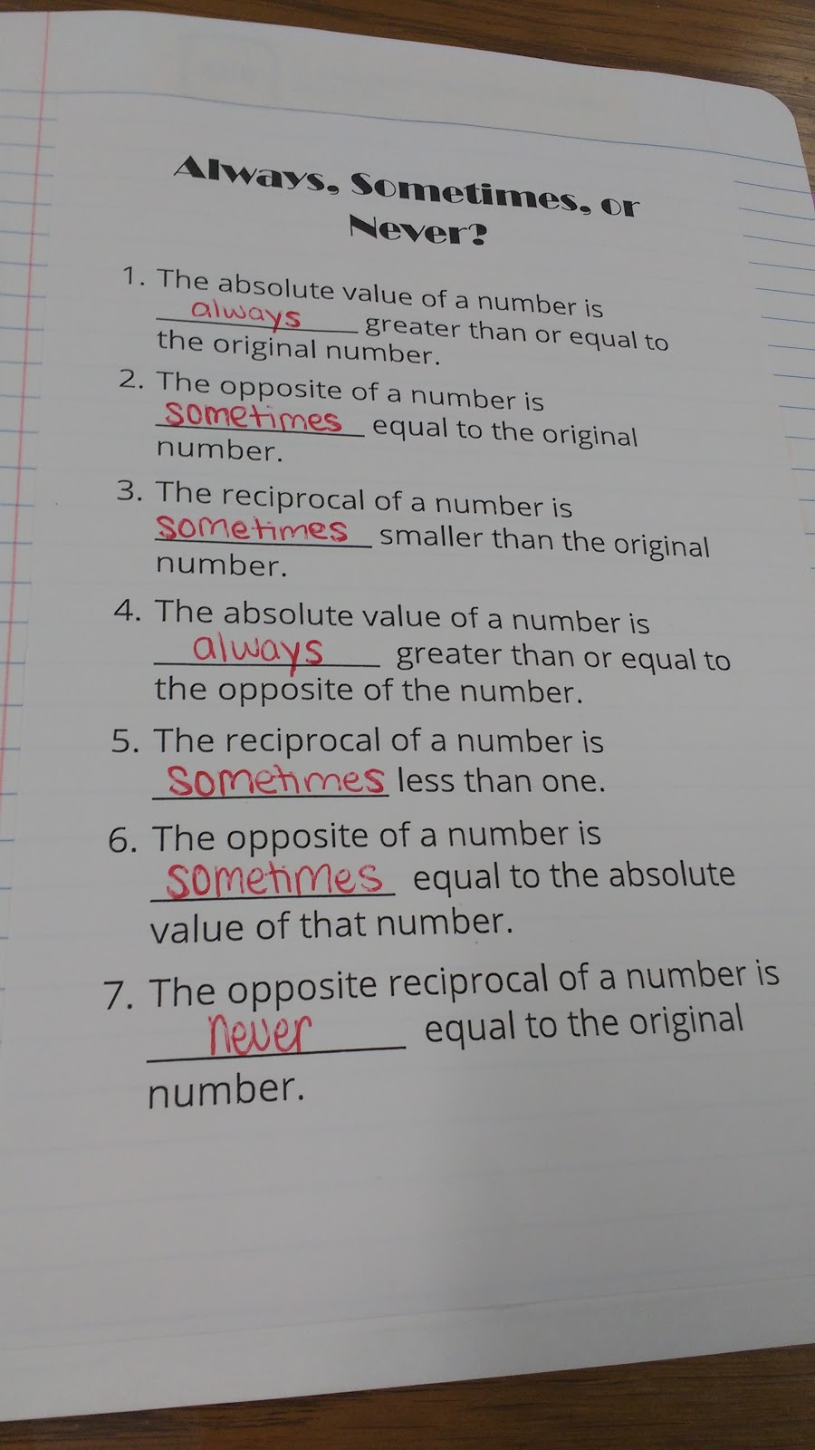 always sometimes never questions over absolute value, opposite, reciprocal, and opposite reciprocal in interactive notebook. 