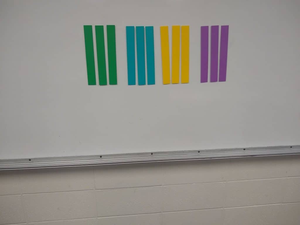 paper strips with magnets on them for let's make squares activity. 
