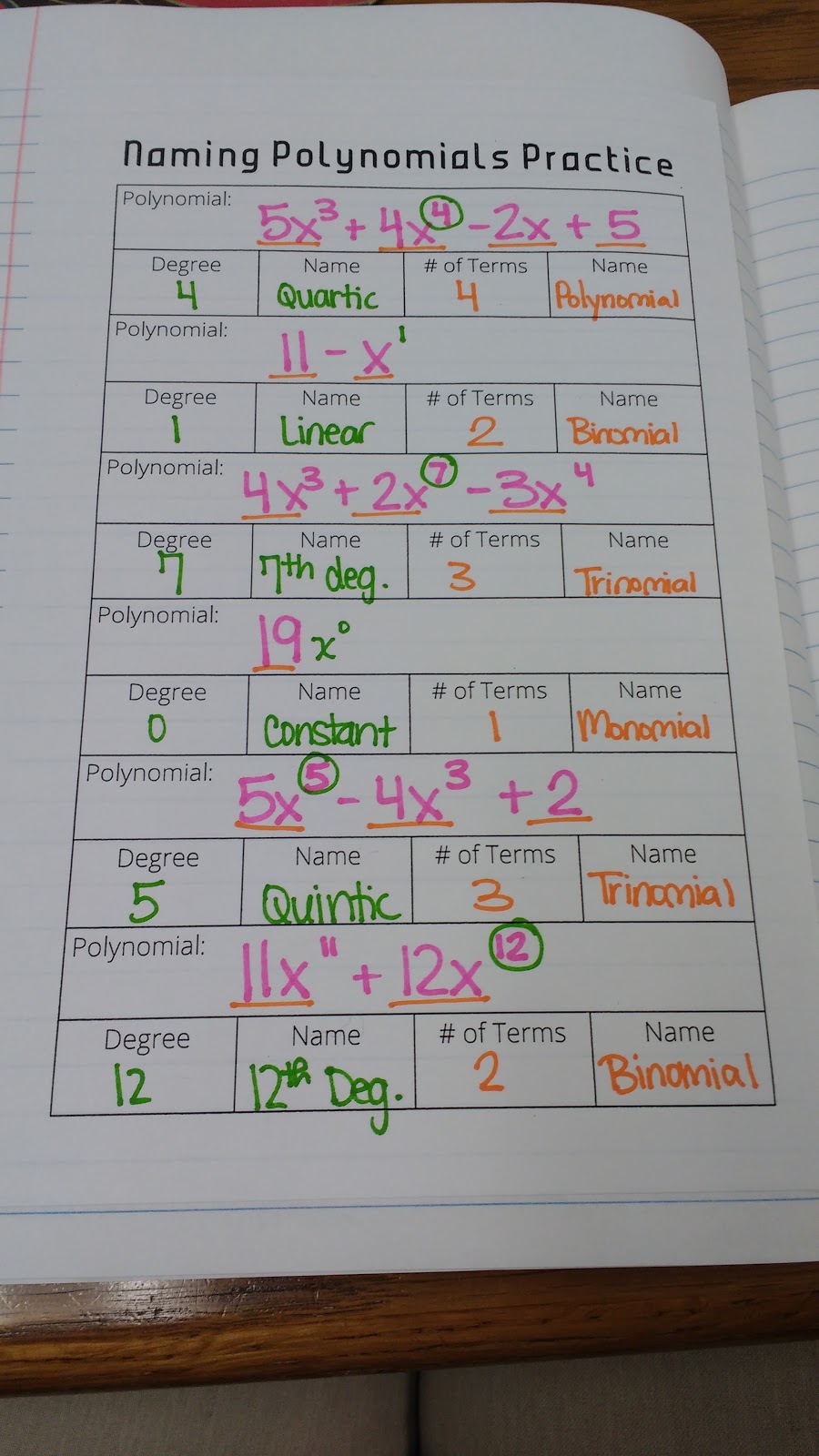 Naming Polynomials Practice Sheet