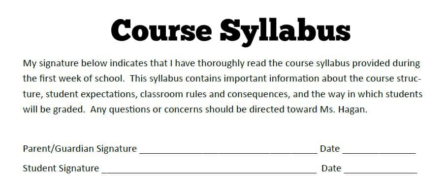 course syllabus signature on parent information sheet. 