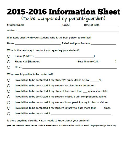 screenshot of 2015-2016 parent information sheet 