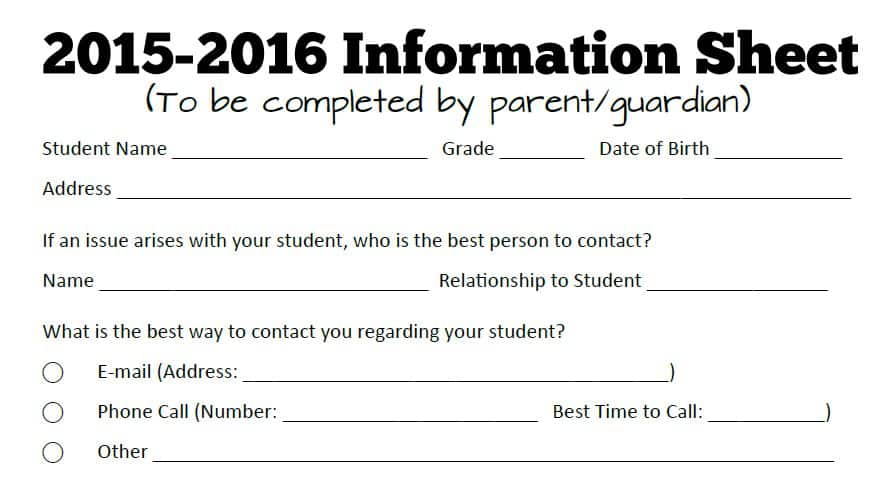 top of parent information sheet 