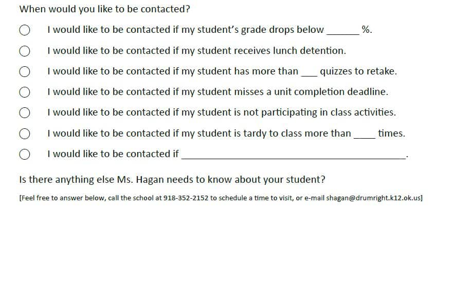 When would you like to be contacted? section of parent information sheet. 