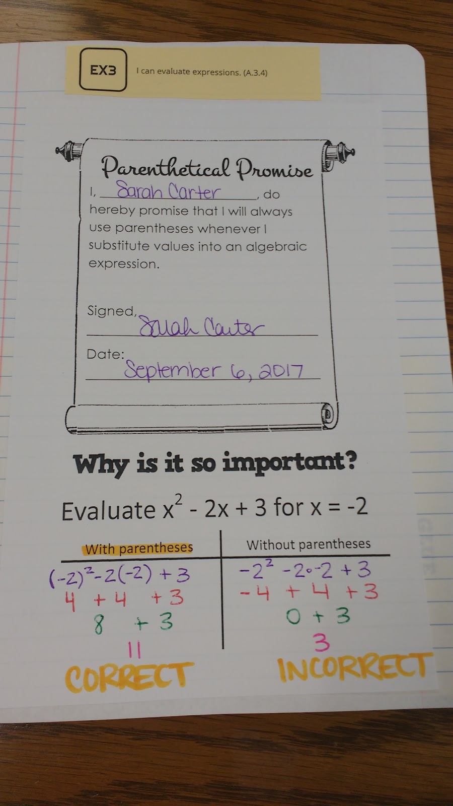 parenthetical promise notes in algebra 1 interactive notebook.