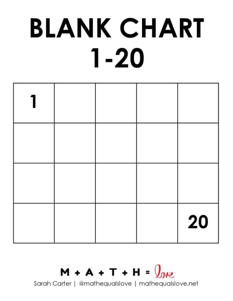 Blank 1-20 Number Chart with 1 and 20 filled in. 