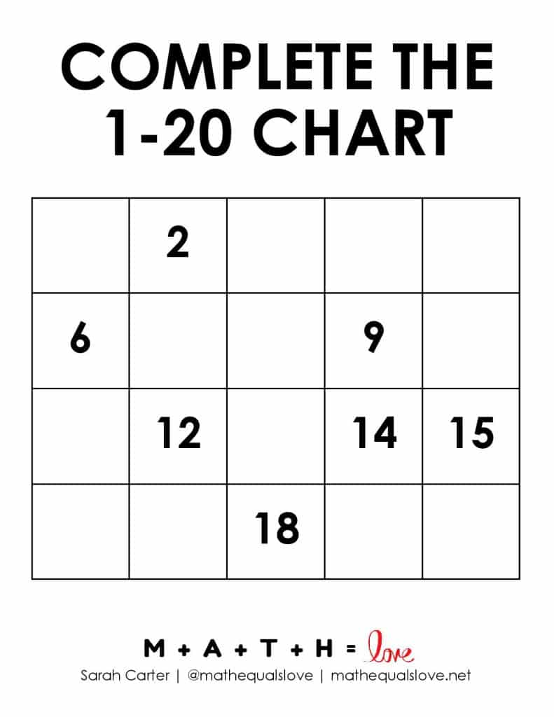 Fill in the Blank Number Chart 1-20 Version C. 