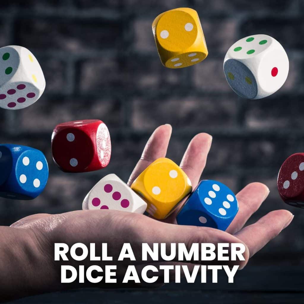 roll a number dice activity with photograph of hand tossing colorful dice in air 