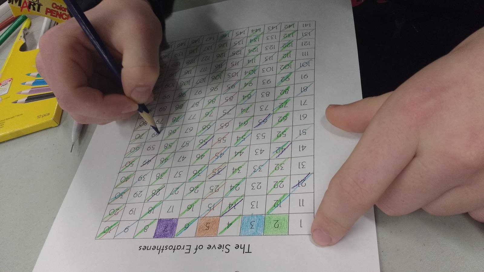 student coloring sieve of eratosthenes activity.