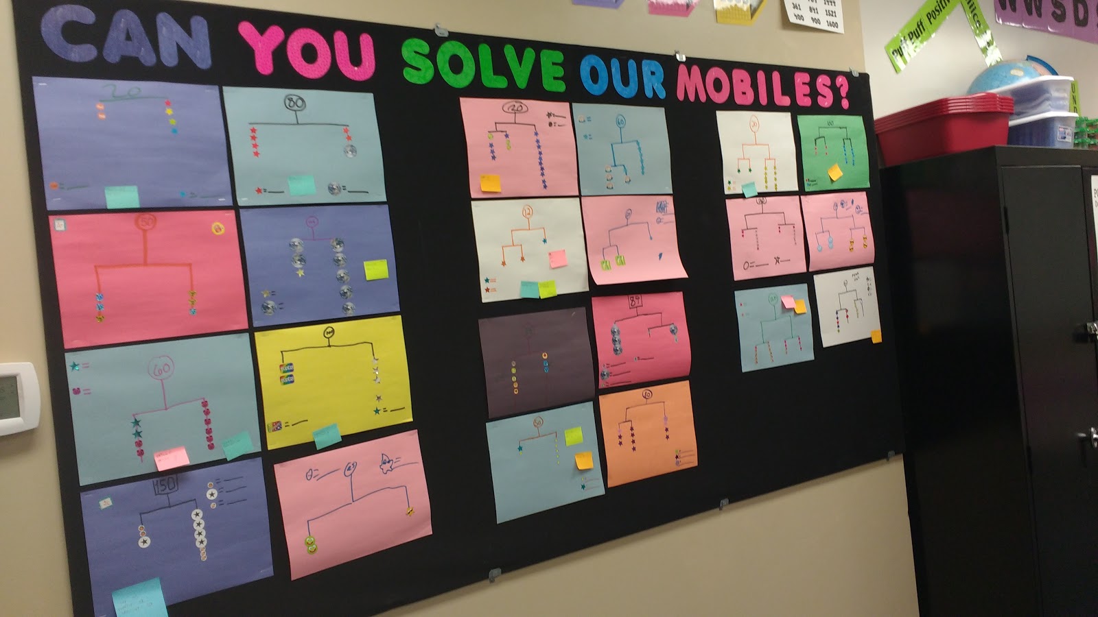 solveme mobiles bulletin board in math classroom