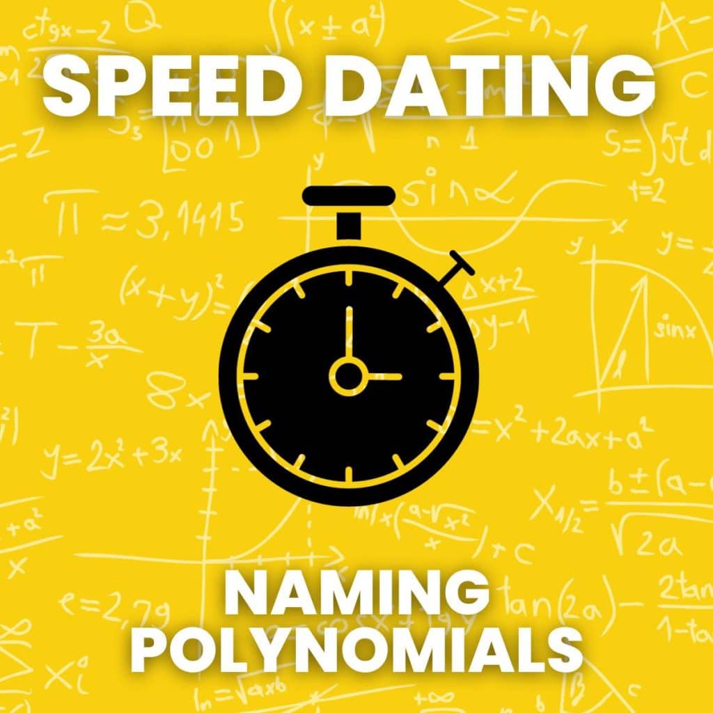 clipart of timer with text "speed dating: naming polynomials" 