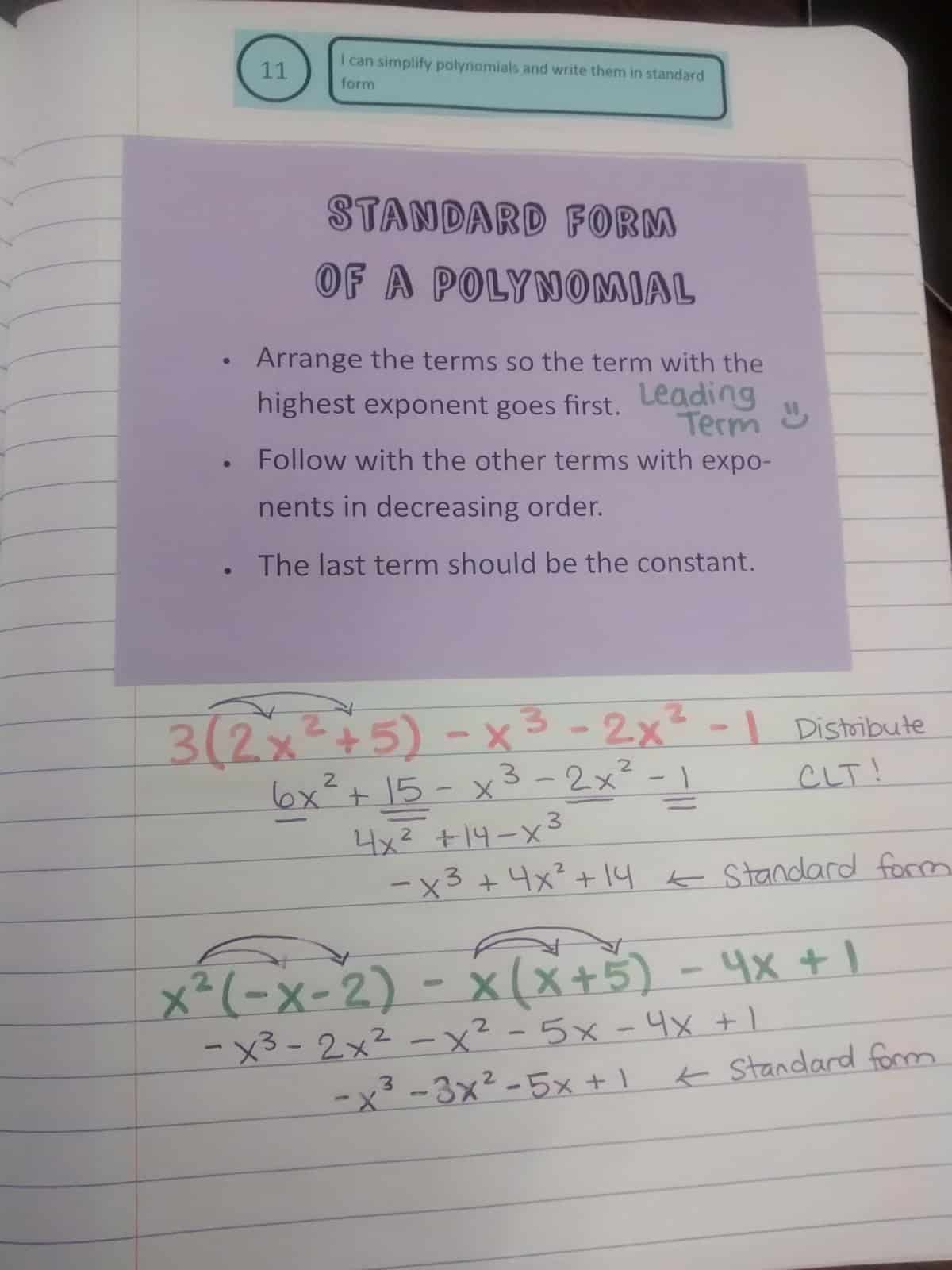 standard form of a polynomial notes.