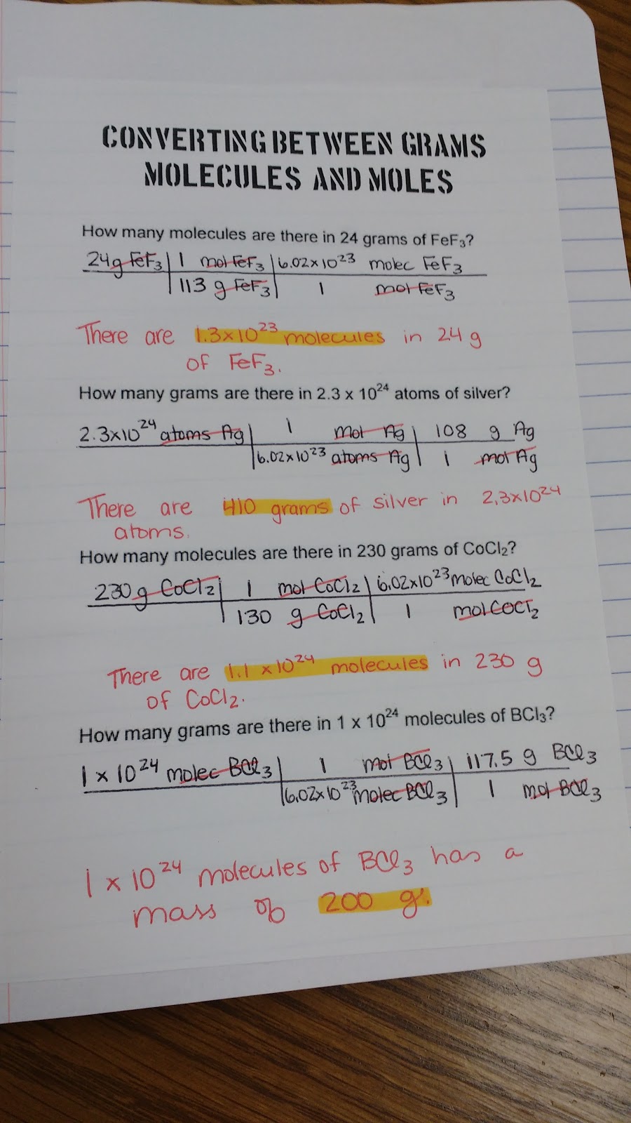 Stoichiometry Practice Converting Between Grams, Moles, and Molecules