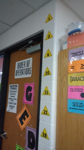 triangular number posters on wall of high school math classroom.