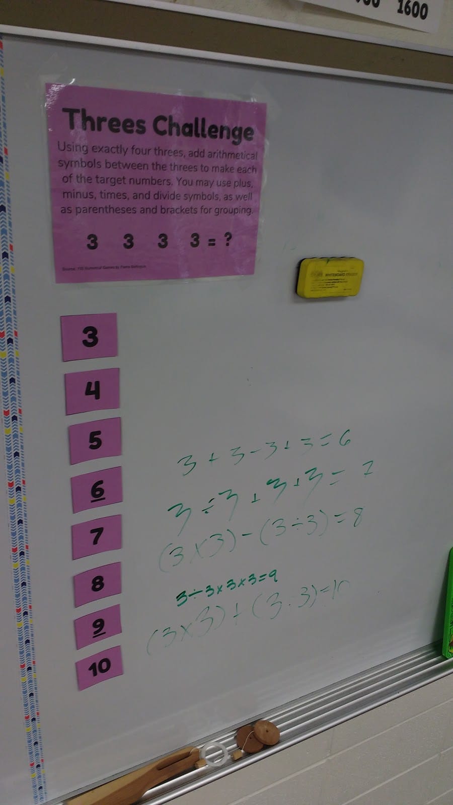 Threes Challenge on Dry Erase Board. 