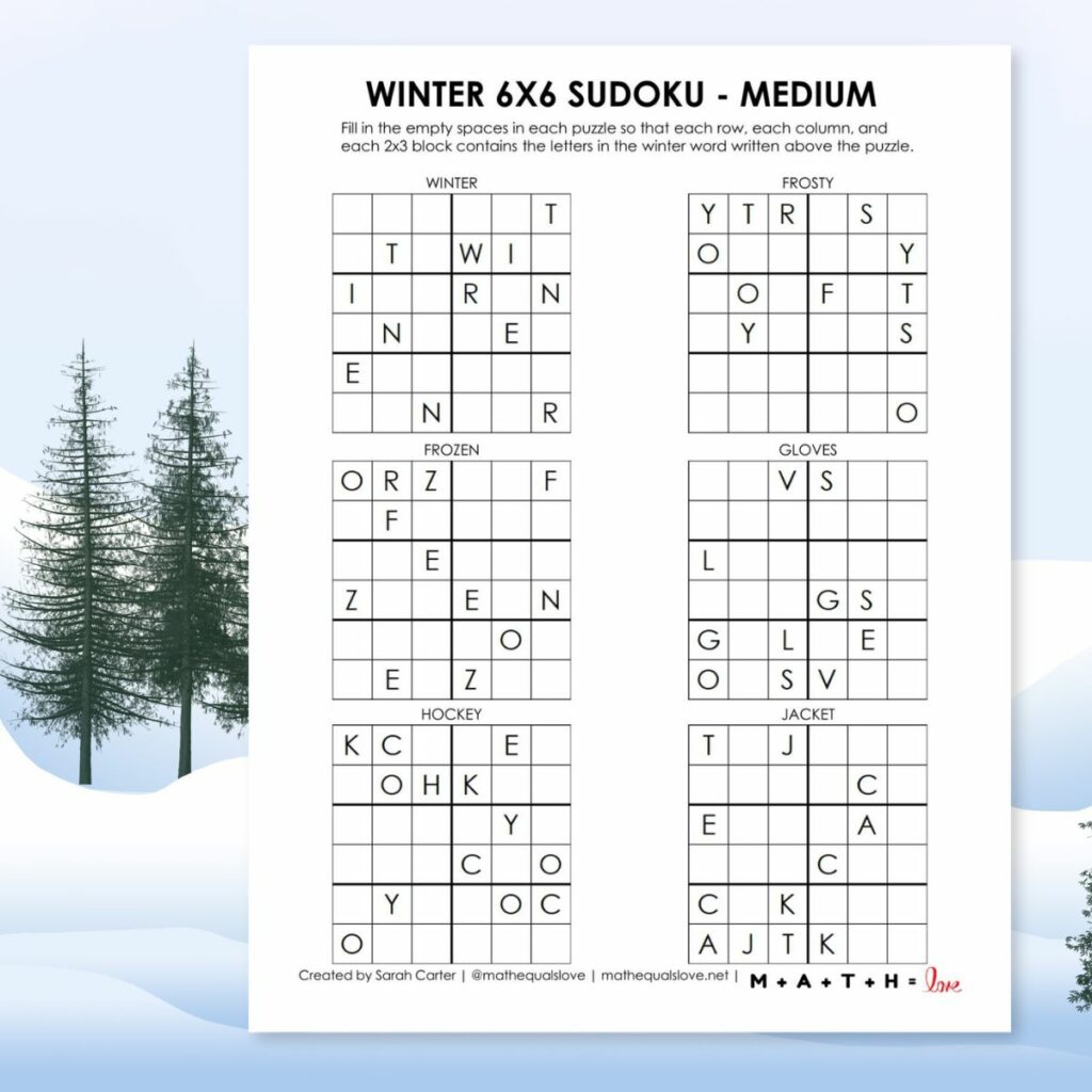 easy winter sudoku puzzle with words free printable pdf.