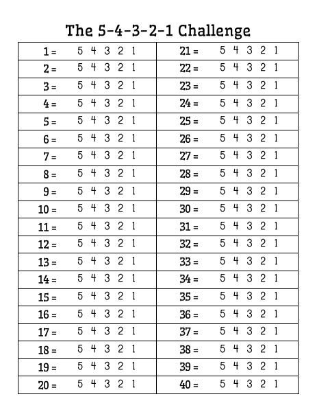 5-4-3-2-1 Challenge Answer Sheet. 