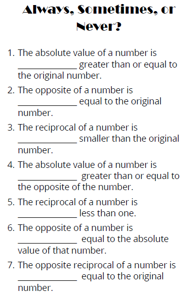 screenshot of always sometimes never questions over absolute value, opposite, reciprocal, and opposite reciprocal