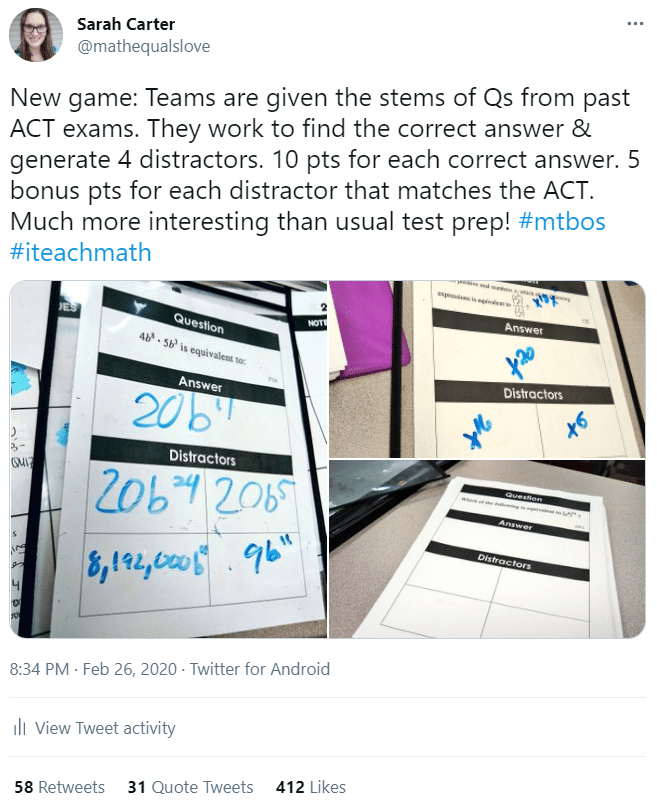 exponent rules review game act questions distractors