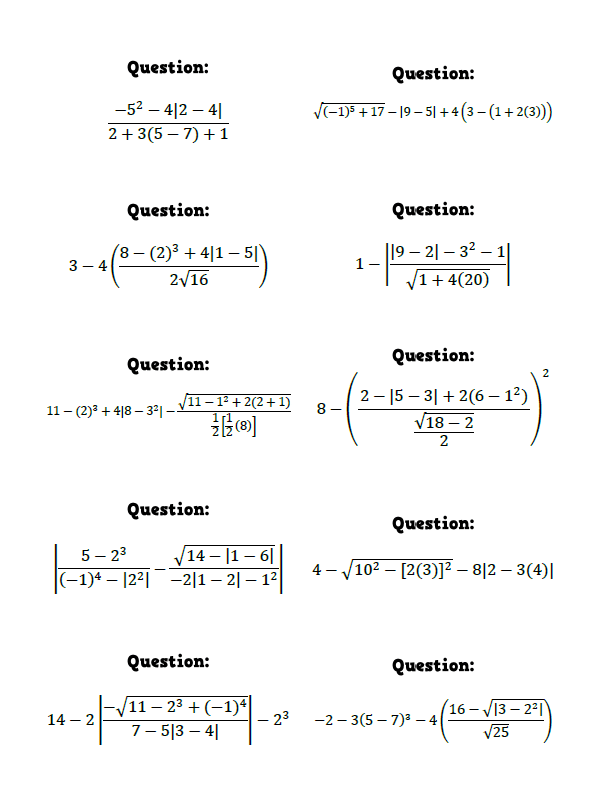Order of Operations Question Stack Activity